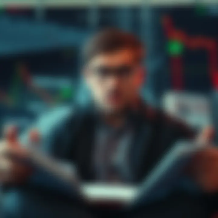 A worried investor looking at stock market charts with a concerned expression, surrounded by news articles about market crashes.