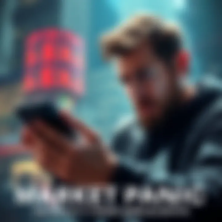 A distressed investor looking at falling crypto prices on a smartphone while holding their head in frustration.