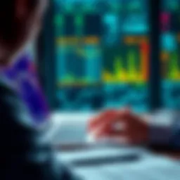 A person reviewing investment options on a laptop, with stock market charts and financial news open.