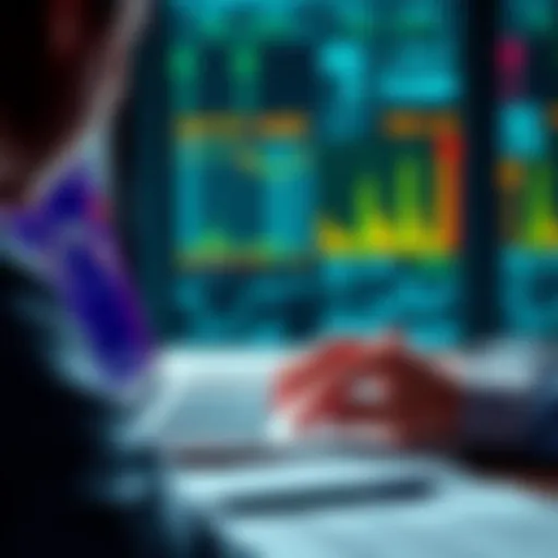 A person reviewing investment options on a laptop, with stock market charts and financial news open.