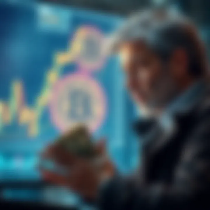 An investor looking at a chart with Bitcoin symbol while holding cash, indicating a sell-off to buy back lower.