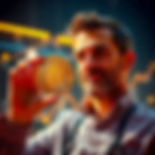 An investor holding a Bitcoin coin and looking optimistic about their investment at a high price.