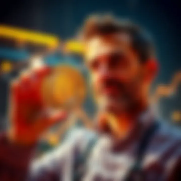 Investor with Bitcoin An investor holding a Bitcoin coin and looking optimistic about their investment at a high price.