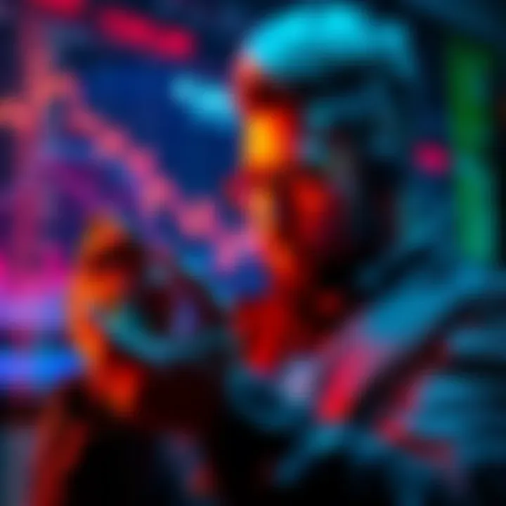 An investor looking at a financial chart showing a downward trend while holding XRP coins in hand.