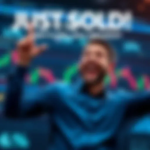 A happy investor showing their financial success after selling XRP, with a background of charts indicating rising cryptocurrency values.