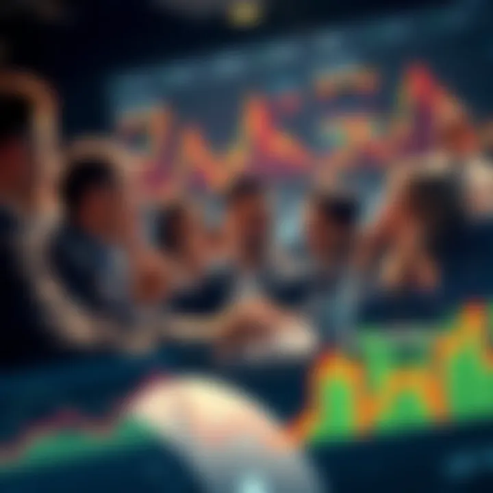 A group of excited investors discussing new trends in finance related to T.Rowe, with charts and graphs in the background