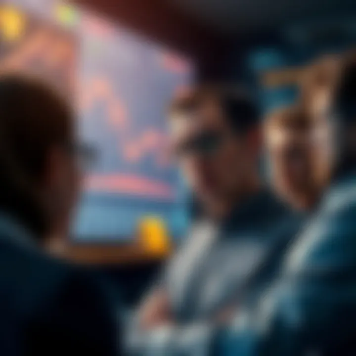 A group of frustrated investors looking at a screen showing declining cryptocurrency prices, with one person holding their head in disappointment