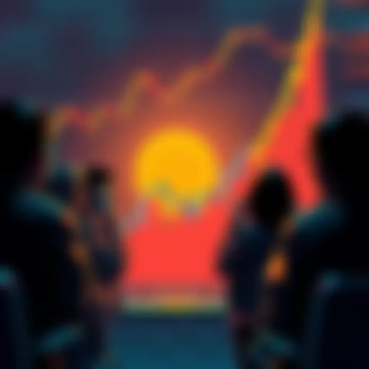 Investors Reconsidering Altcoin Strategy A group of worried investors watching a crashing altcoin chart while Bitcoin's value rises in the background.