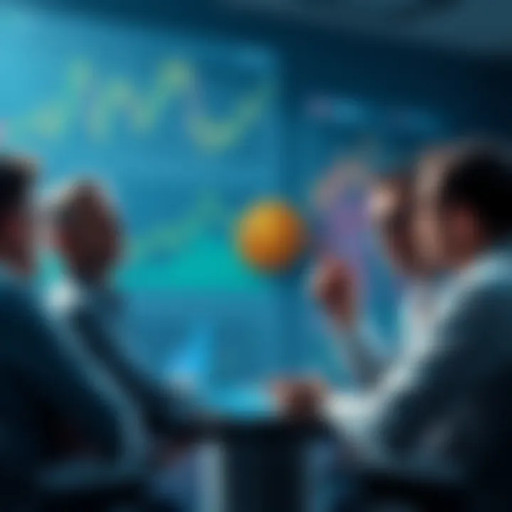 Group of investors discussing strategies for investing in altcoins instead of Bitcoin, with charts and graphs showing trends in cryptocurrency.