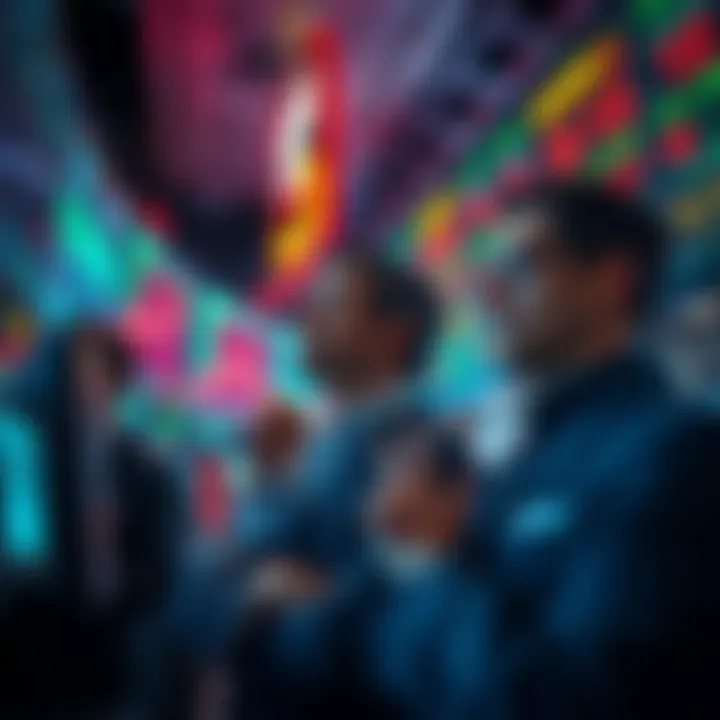 Investors Watching Market Trends A group of concerned investors monitoring stock prices on digital screens, showing tension over potential price drop below $1.
