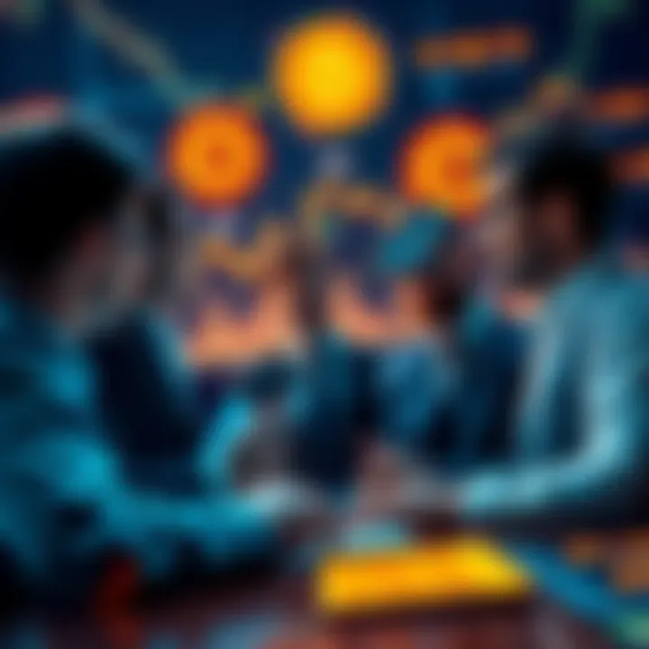 Investors Analyzing AI Stocks A group of investors discussing trends in AI stocks, with Bitcoin graphics in the background, showing current market mood in 2026.