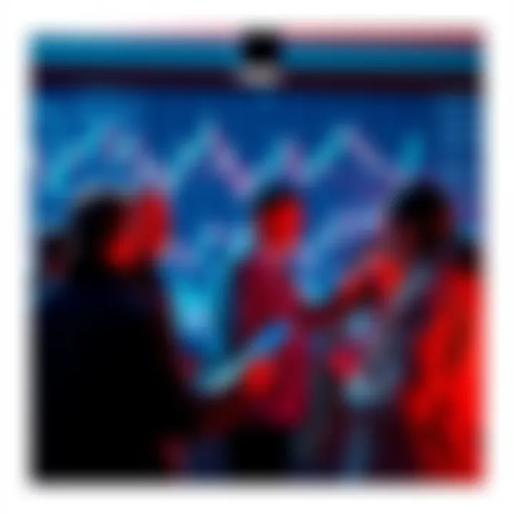 A group of investors discussing crypto market trends with charts and graphs in the background.