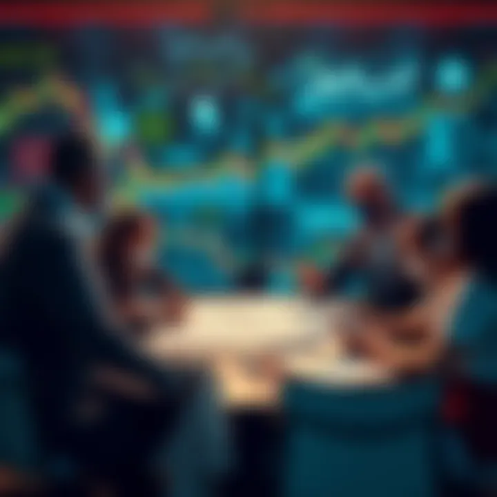 A group of investors discussing market trends with charts and graphs on a table.