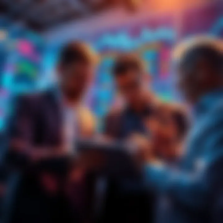 A group of investors reviewing charts and graphs on a digital tablet, discussing market trends and concerns about investment timing.