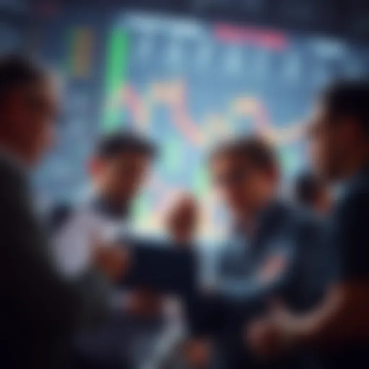 A group of investors studying stock charts and market reports, contemplating buying during a market dip.