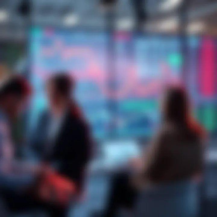 A group of investors reviewing charts and data on a digital screen during a bear market.