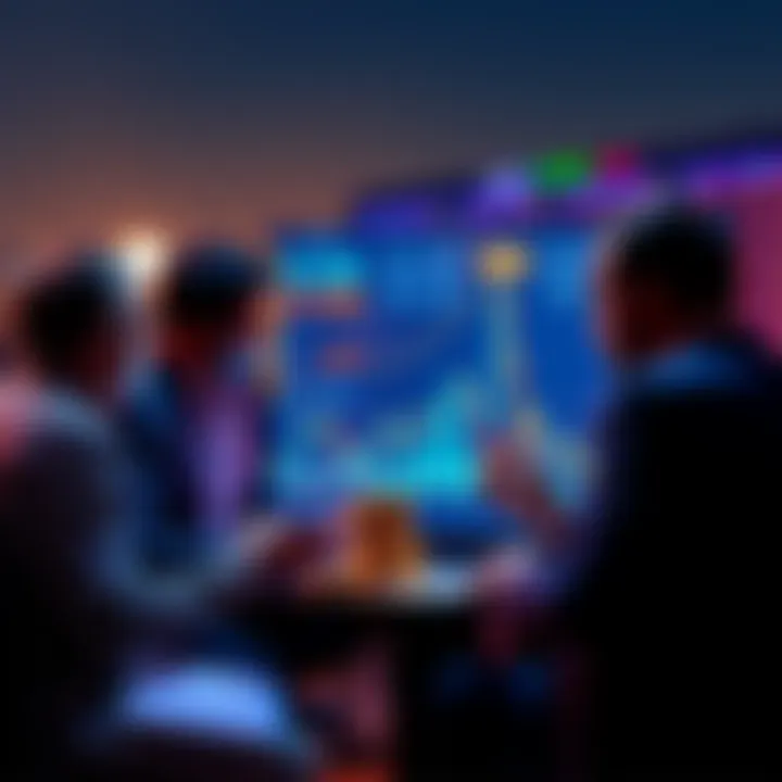 Group of investors discussing market strategies with charts showing rising crypto and gold prices