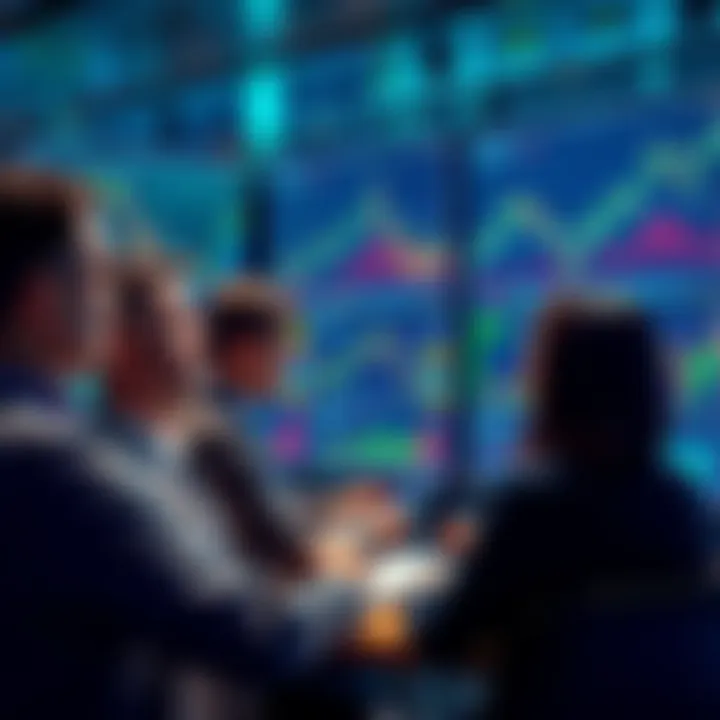 A group of investors looking at financial charts and graphs on screens, discussing strategies during a market dip.