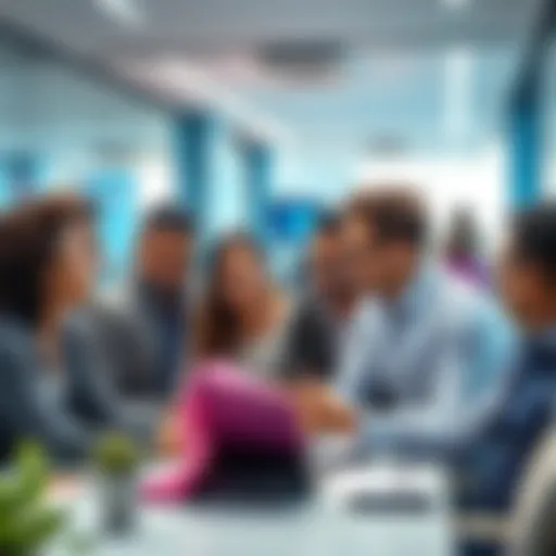 A diverse group of investors discussing predictions and strategies in a modern office setting