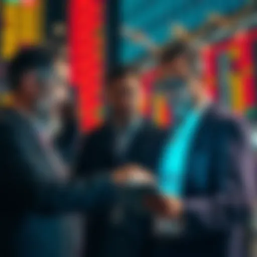 A group of investors discussing and analyzing stock market data on a digital tablet during a market decline