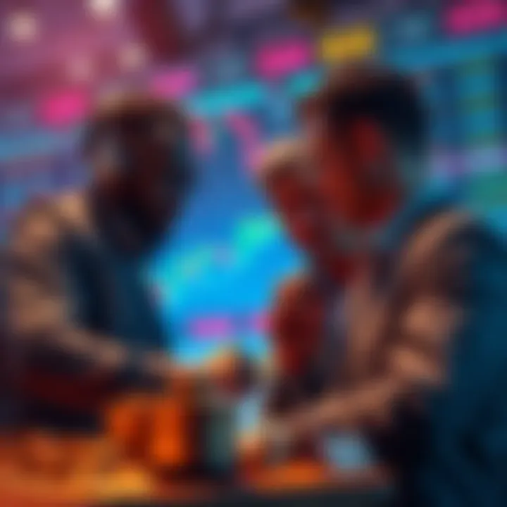 Investors discussing and purchasing tokens during a market dip, with charts showing declining prices in the background.