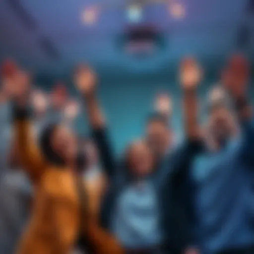 Group of people celebrating their investment success after selling at peak price, with smiles and hands raised in excitement.