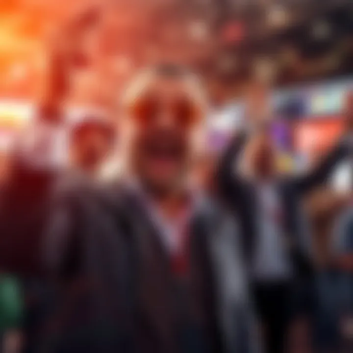 A group of investors joyfully celebrating a market rise with charts and money in hand