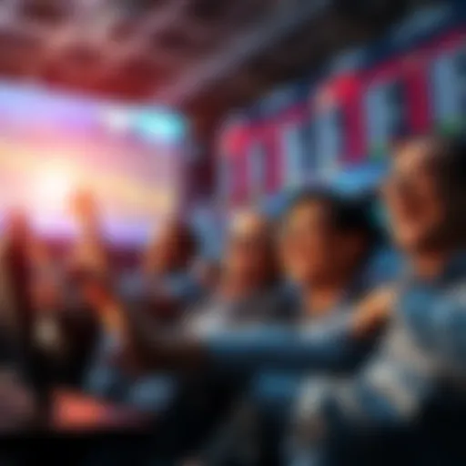 A group of happy investors watching stock prices rise on screens, feeling optimistic about future gains.