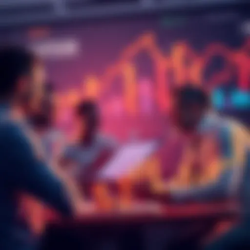 A group of investors discussing financial trends with graphs and charts indicating positive growth in the background