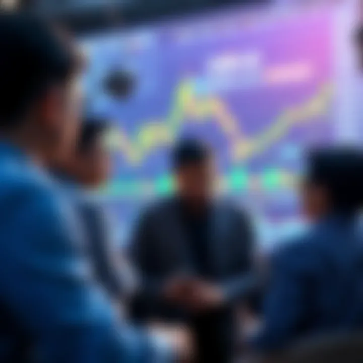 A group of investors engaging in conversation about CHIP USD.AI with charts and graphs on a screen behind them, reflecting the hype around meme coins.