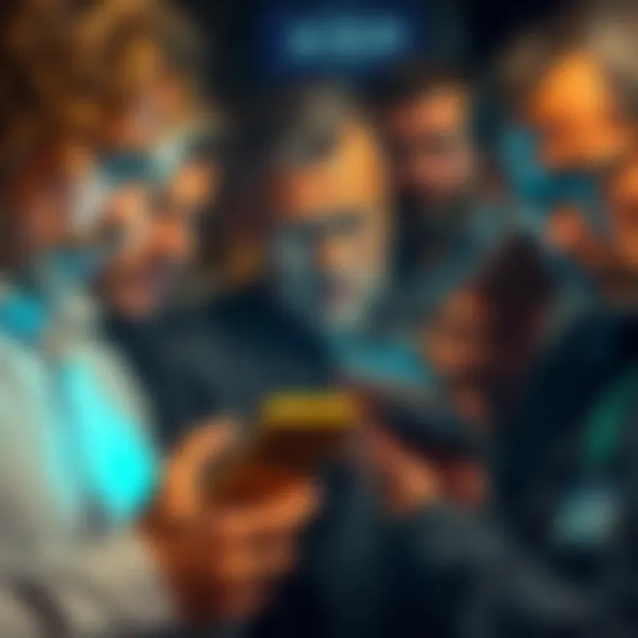 A group of worried investors looking at falling XRP prices on their phones, with expressions of disappointment and frustration.