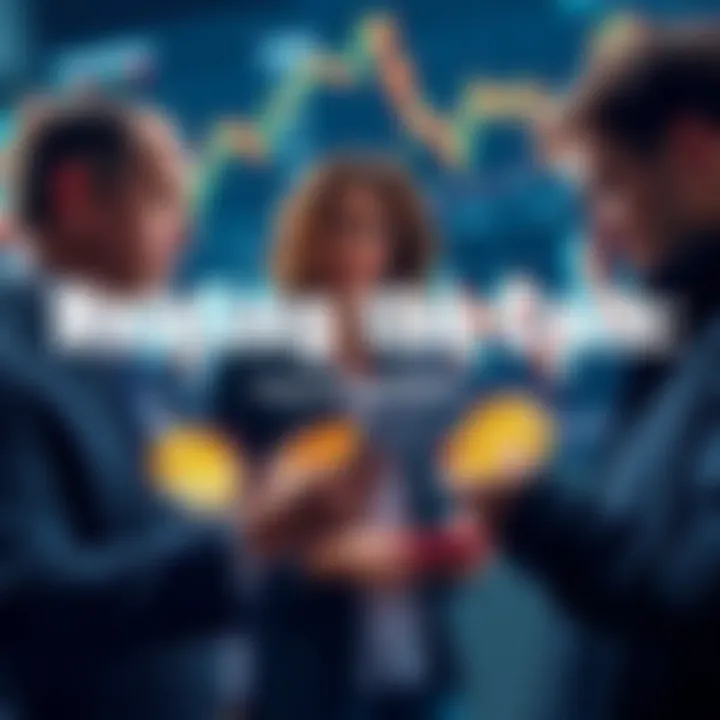 A group of investors discussing price trends and future predictions for a cryptocurrency coin, with charts and graphs in the background.