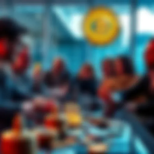 A group of people sitting around a table, discussing cryptocurrency investments and holding their assets, with coins in the foreground