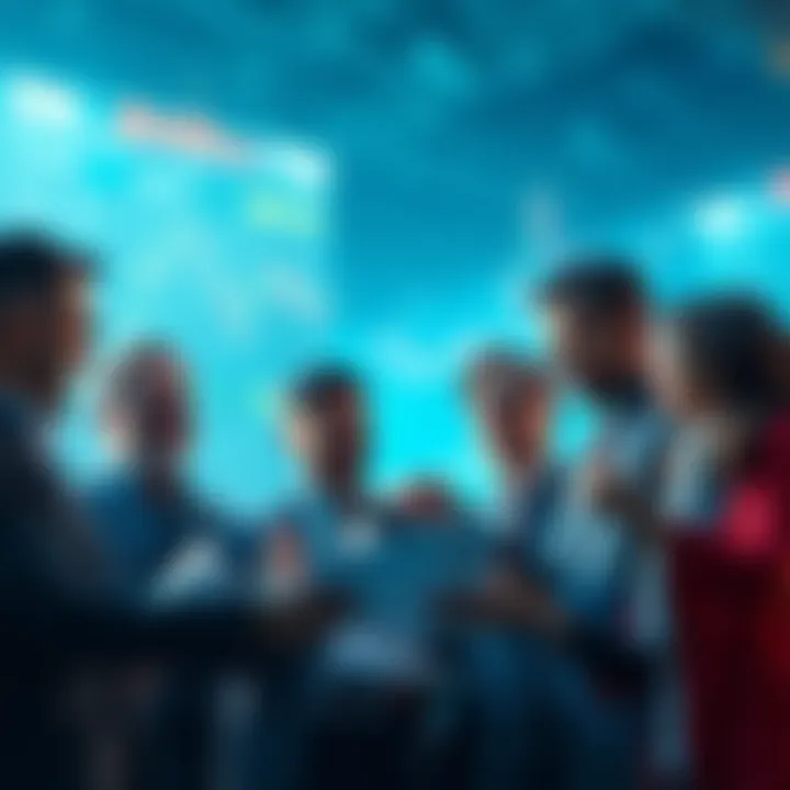 A group of retail investors discussing strategies in a bear market, looking at charts and financial reports, excited about potential buying opportunities.