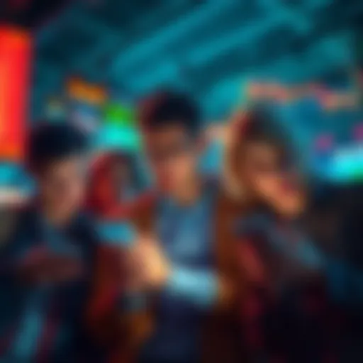 A group of worried investors watching a stock market decline on their devices, showing signs of urgency and concern.