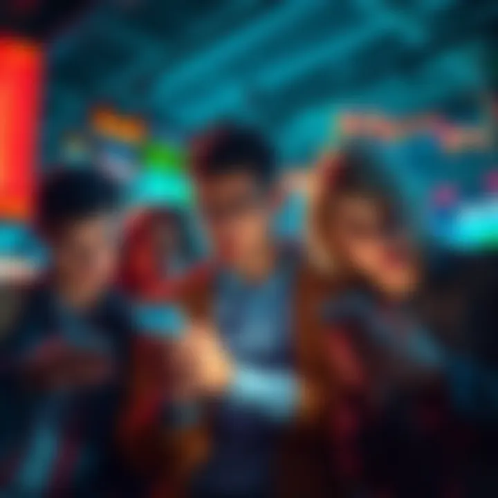 A group of worried investors watching a stock market decline on their devices, showing signs of urgency and concern.