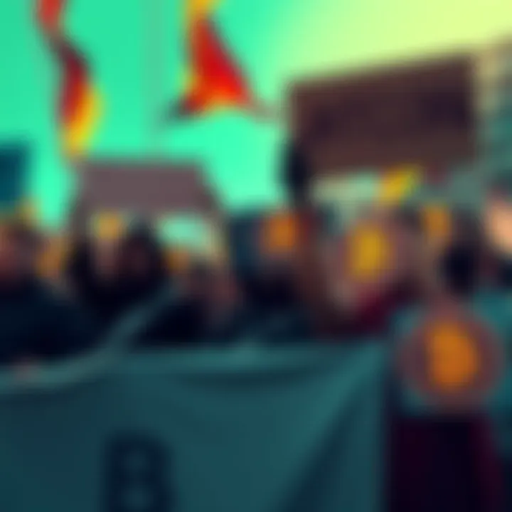 Group of investors holding Bitcoin signs, protesting against JPMorgan's actions, symbolizing a call for financial freedom.