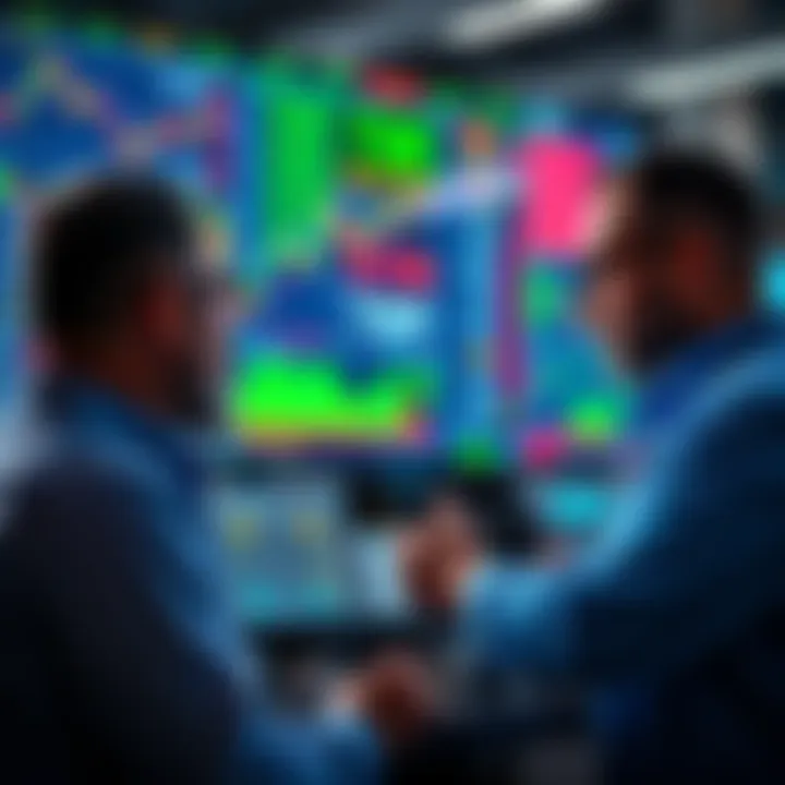 A group of investors studying stock charts and data on a screen, discussing potential buying opportunities at the 78K level.