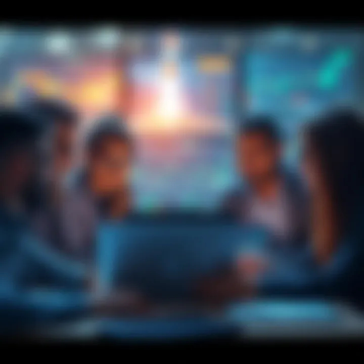 A group of investors gathered around a laptop, discussing the SpaceX and Anthropic IPOs, with charts and graphs displayed, showing market trends.