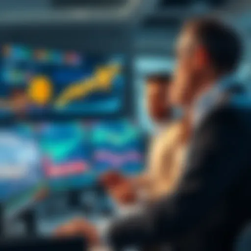 A group of wealthy investors analyzing Bitcoin charts on screens in an office setting, showing focus and urgency as they respond to market changes in the UAE.