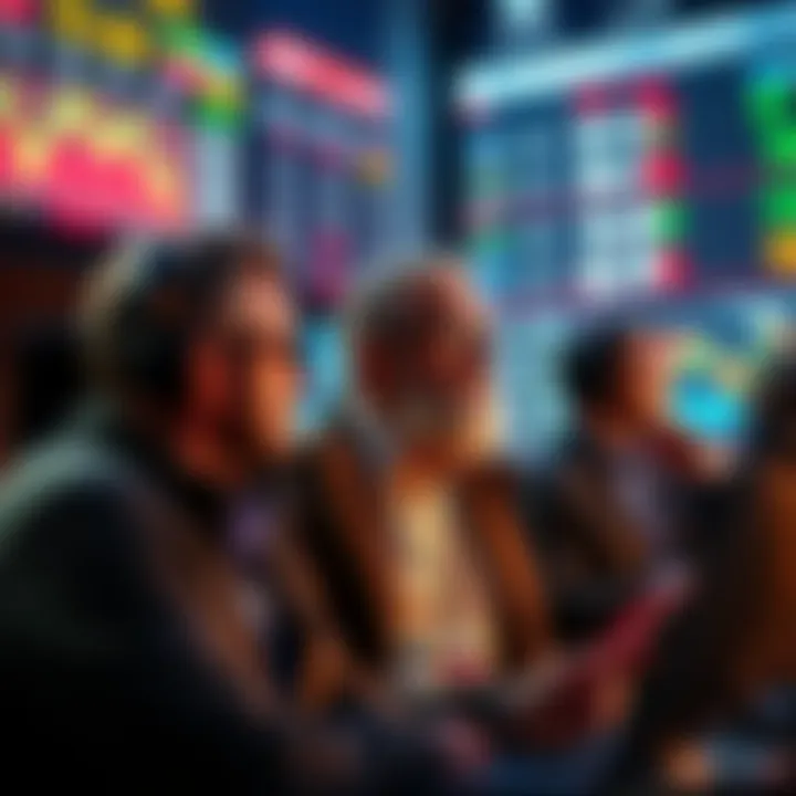 Group of investors closely monitoring market trends and price charts, showing concern about potential drops below 87K.