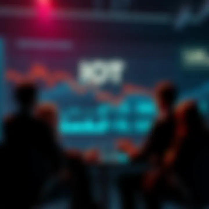 A group of people engaged in a discussion about IOT cryptocurrency, with charts showing a decline and transfer requests to HNT in the background.