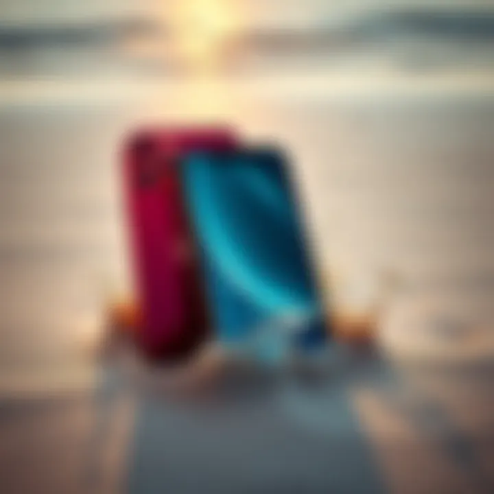 The iPhone Duo displayed on a sandy beach with water splashes around it, showing its dust and water resistance features.
