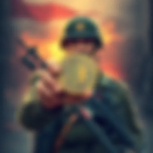 Illustration of a soldier holding a cryptocurrency coin with military arms in the background, symbolizing Iran's move to use crypto for arms sales.
