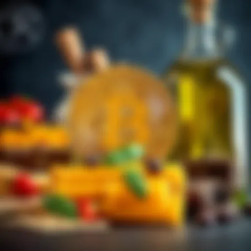 A display of premium Italian food items like pasta and olive oil alongside a Bitcoin symbol, representing the merging of gourmet food with cryptocurrency.