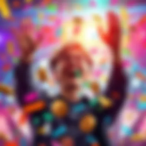 A person joyfully celebrating a jackpot win, surrounded by colorful confetti and gaming tokens, showing excitement on their face.