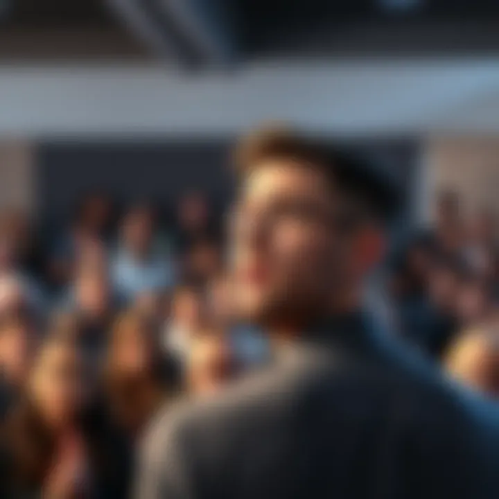 Jake Claver addressing an audience with a skeptical crowd in the background