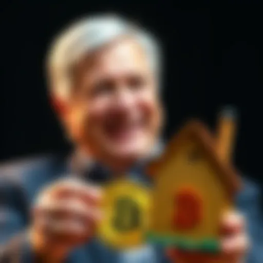 Jamie Dimon smiling while holding a Bitcoin symbol and a house model, showcasing JPMorgan's new policy on using Bitcoin as mortgage collateral.