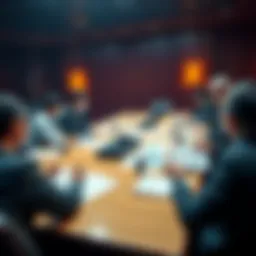 A committee meeting in Japan where members discuss cryptocurrency regulations, with charts and documents related to financial instruments on a table.