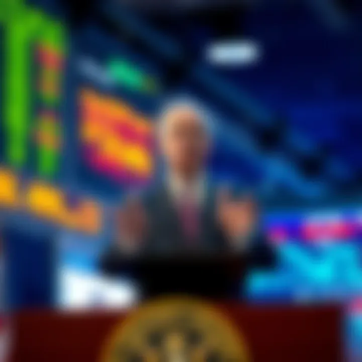 US Fed Chair Jerome Powell speaks at a podium, highlighting inflation concerns in an economic setting.